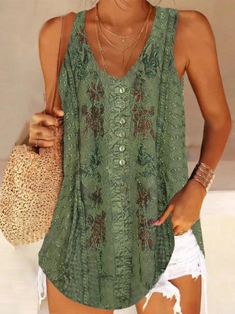 Tank Top for Women Ethnic Boho Buttoned Loose Sleeveless Tops Green Blue