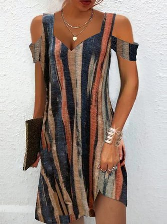 Color Block Knitted V Neck Casual Summer Dress