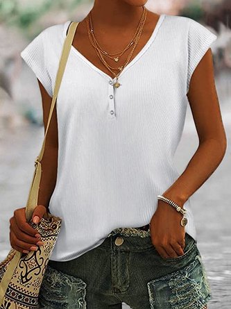 Casual Loose Buckle V Neck Summer T-Shirt