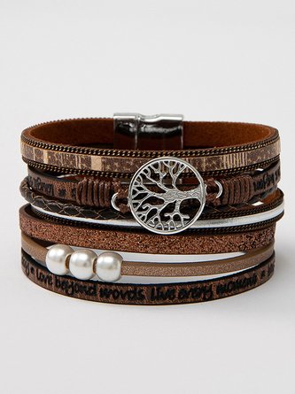 Leather Tree Of Life Motif Beaded Layered Bracelets Casual Women's Jewelry