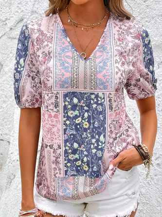 Ethnic Vacation Loose V Neck Patched Work Print Puff Sleeve Shirt
