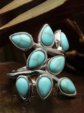 Vintage Silver Metal Turquoise Leaf Motif Ring Ethnic Casual Women's Jewelry
