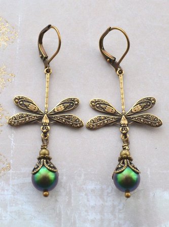 Vintage Metal Dragonfly Pearl Earrings Ethnic Vacation Women's Jewelry