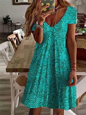 V Neck Casual Loose Floral Dress With No