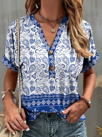 Paisley Button Front Short Sleeve V Neck Tops