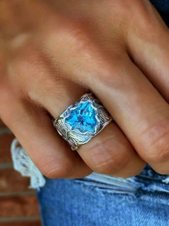 Vintage Blue Crystal Metal Distressed Ring Casual Vacation Women's Jewelry