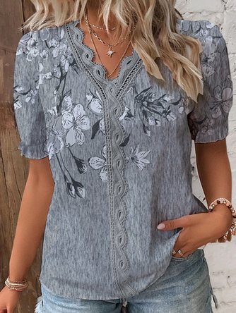 Floral Lace V Neck Casual Shirt