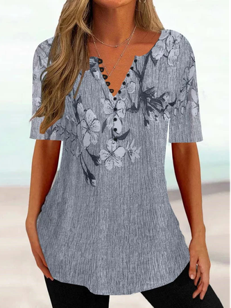 Buckle V Neck Casual Floral Shirt