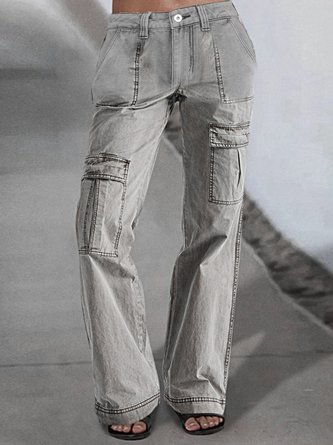 Buttoned Linen Plain Casual Flap Pocket Low Rise Wide Leg Cargo Pants