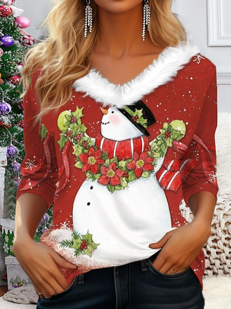 Christmas Snowman Casual V Neck Fur Collar T-Shirt
