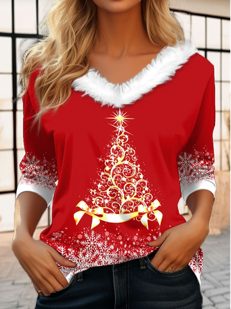 Casual Fur Collar Christmas Tree T-Shirt