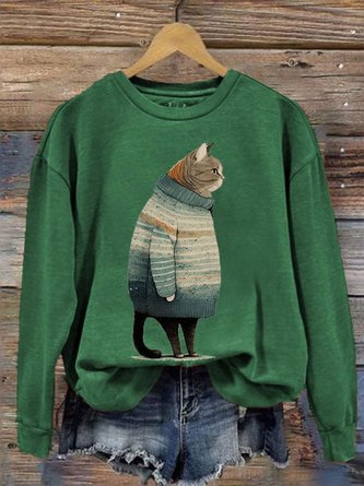 Casual Cat Loose Knitted Raglan Sleeve Sweatshirt