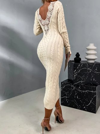 Elegant V Neck Lace Back Sweater Dress
