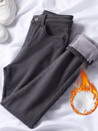 Casual Plain Fluff/Granular Fleece Fabric Jeans