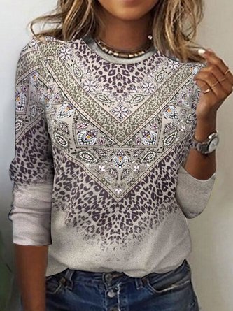 Ethnic Crew Neck Casual Loose Knitted T-Shirt