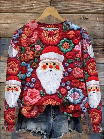 Santa Claus Crew Neck Knitted Casual Sweatshirt