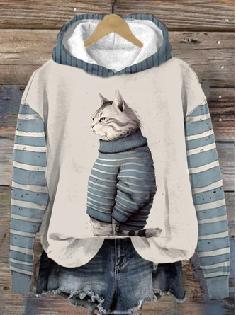 Women's Winter Funny Cute Wonderland Clothing Cat Printed Hooded Sweatshirt
