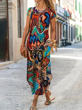 Abstract Knitted Crew Neck Pocket Stitching T Shirt Dress Casual Summer Daily Maxi Line Dress