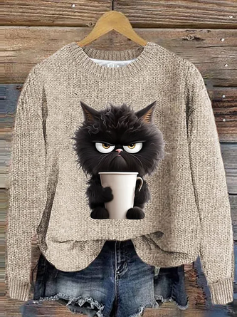 Grumpy Moring Coffee Cat Printed Knitted Pullover Sweater