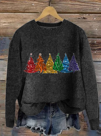 Women’s Christmas Tree Knitted Crew Neck Simple Sweater