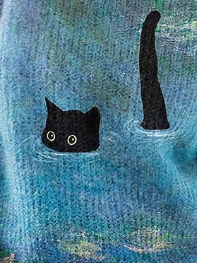 Women’s Lotus Black Cat Print 3D Printing Casual Sweater
