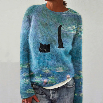 Women’s Lotus Black Cat Print 3D Printing Casual Sweater