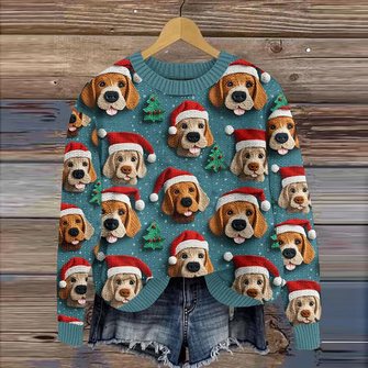 Women’s Christmas Dog Art Print Crew Neck Knit Sweater