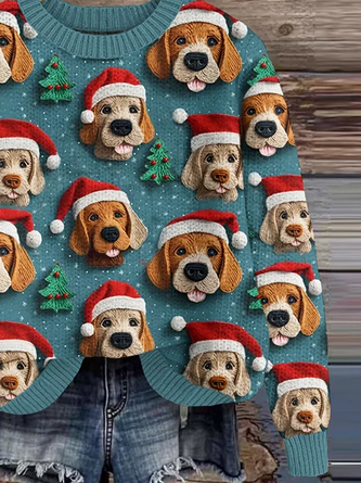 Women’s Christmas Dog Art Print Crew Neck Knit Sweater