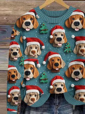 Women’s Christmas Dog Art Print Crew Neck Knit Sweater
