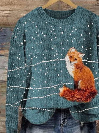 Women’s Cute Fox Print Crewneck Knit Sweater