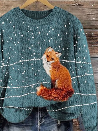 Women’s Cute Fox Print Crewneck Knit Sweater
