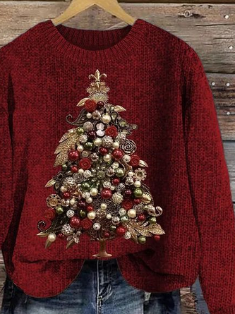 Women’s Knitted Crew Neck Casual Christmas Tree Sweater