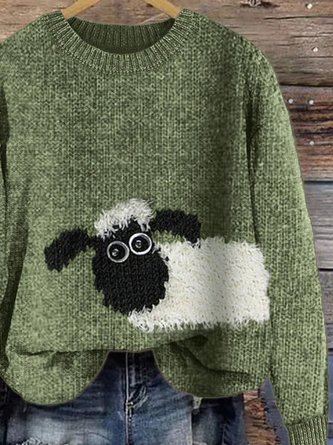 Women’s Cute Sheep Print Knitted Crew Neck Casual Sweater