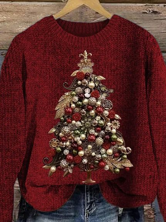 Women’s Knitted Crew Neck Casual Christmas Tree Sweater