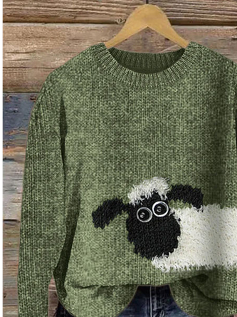 Women’s Cute Sheep Print Knitted Crew Neck Casual Sweater