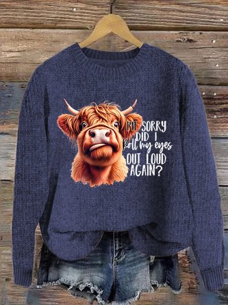 Women’s Highland Cow Print Knitted Crew Neck Sweater
