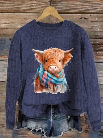 Women’s Cute Highland Cow Print Knitted Crew Neck Sweater