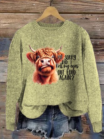Women’s Highland Cow Print Knitted Crew Neck Sweater