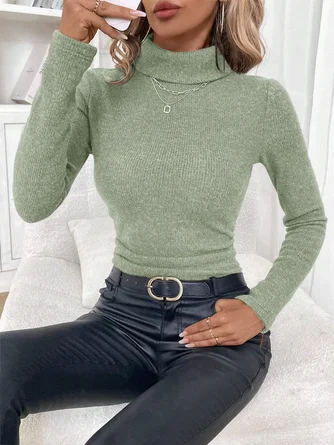 Women’s Solid Turtleneck Long Sleeve Fleece Lined Slim Fit T-Shirt Sweater