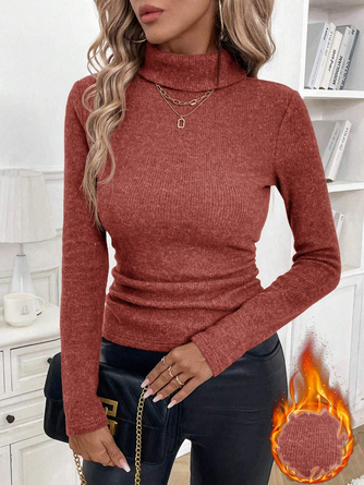 Women’s Solid Turtleneck Long Sleeve Fleece Lined Slim Fit T-Shirt Sweater