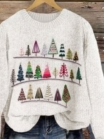 Women’s Christmas Tree Embroidered Print Crew Neck Sweater
