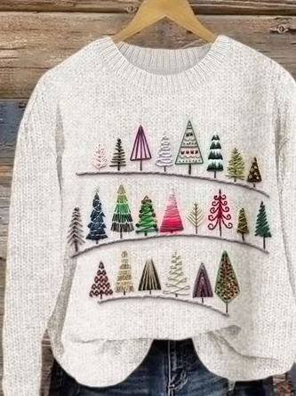 Women’s Christmas Tree Embroidered Print Crew Neck Sweater