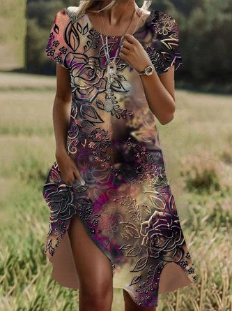Summer Arrival Flowers Pattern Short Sleeves Crew Neck Dress for Stylish Girls