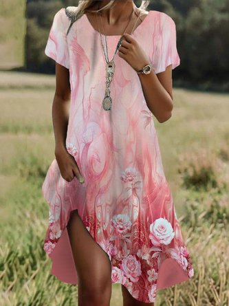 Print Floral Crew Neck With Slit Dress