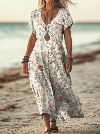 Women's Short Sleeve Summer White Floral Printing V Neck Daily Going ...