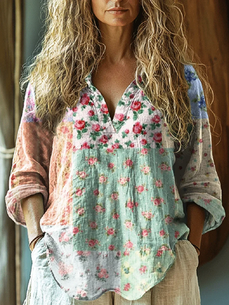 Women's Retro Floral Print Casual Hollow-out Denim Shirt main image 0