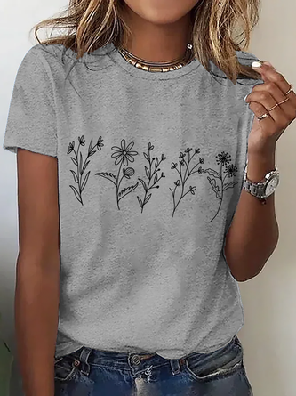 Floral Crew Neck Cotton Short Sleeve Casual Daily Summer T shirt