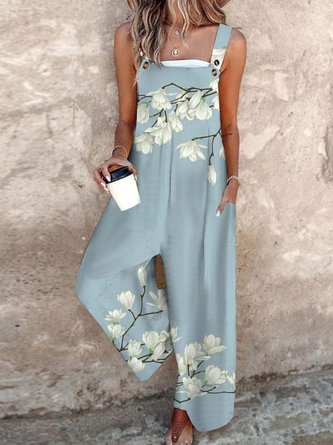 Floral Cotton Linen Square Neck Gallus Casual Tank Summer Jumpsuit