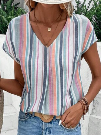 Striped V Neck Jersey Short Sleeve Casual Daily Summer T shirt