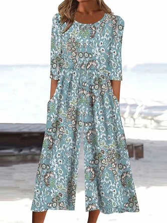 Floral Crew Neck Short Sleeve Printing Casual Summer Jumpsuit